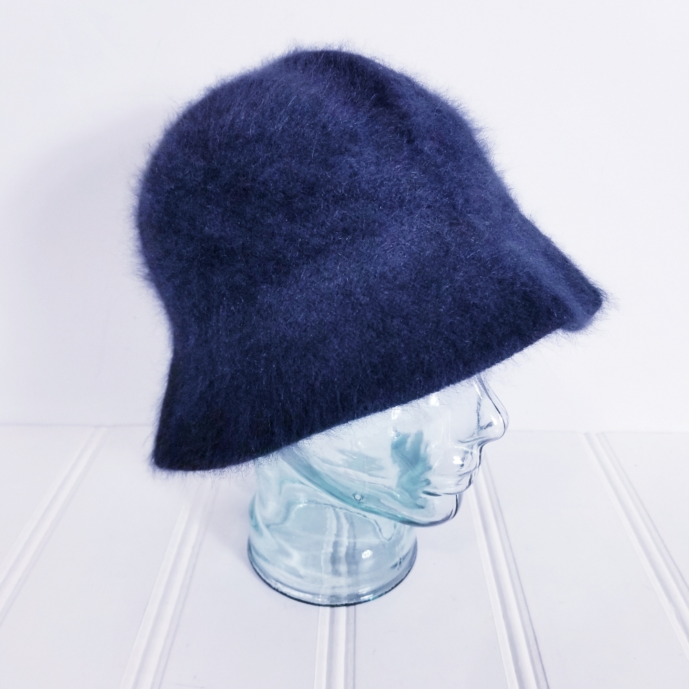 Vintage Angora Blend Bucket Hat 23" Fuzzy Rabbit Hair Y2K Winter Cap Black